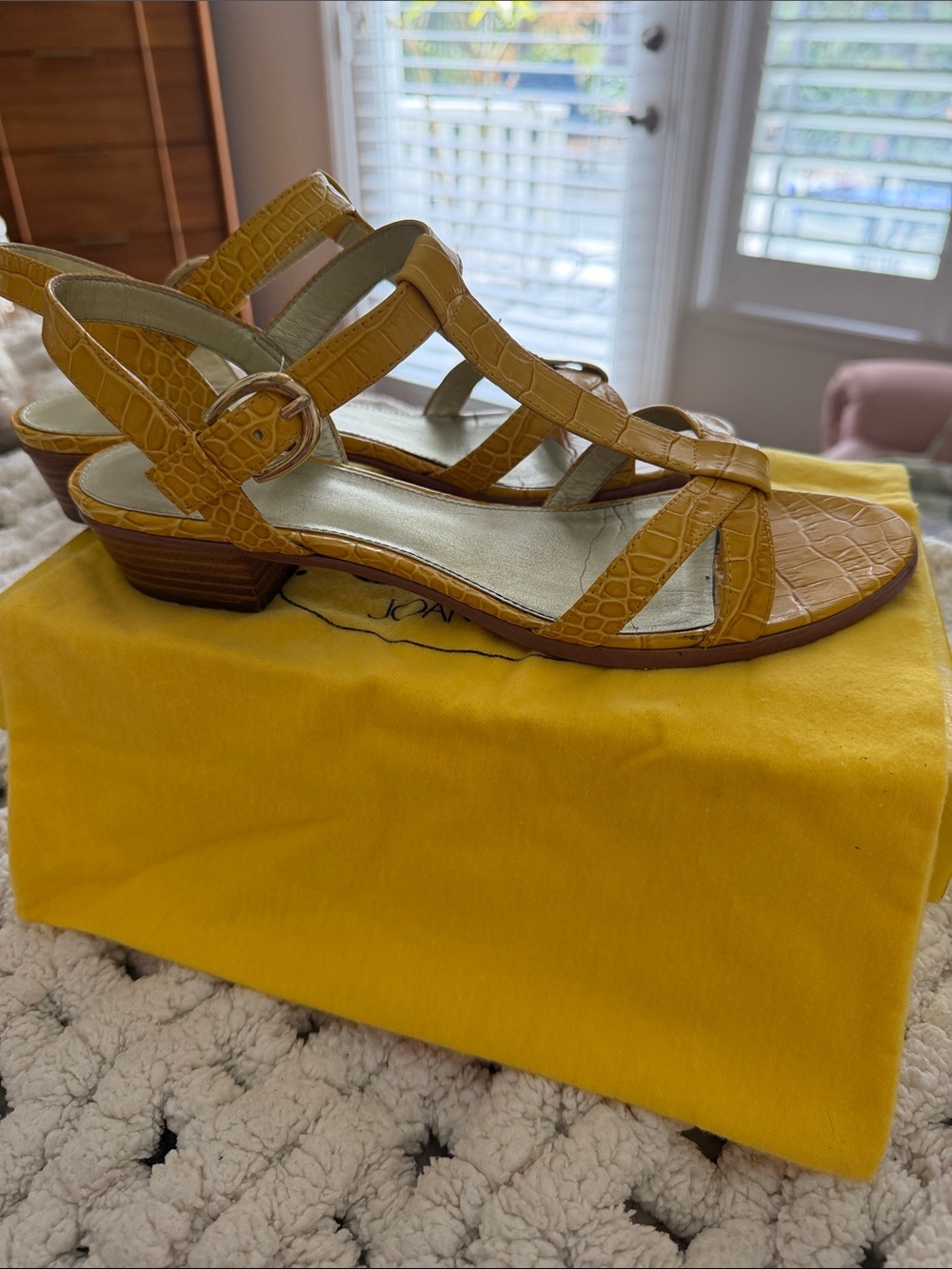 Joan & David Mustard Croc-Embossed Strappy Low Heel Sandals